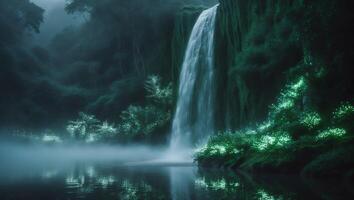 Waterfall Cascading Into Misty Lake Surrounded by Lush Green Forest photo