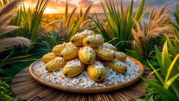 Yellow Fruit Stacked on Plate Outdoors with Sea and Sunset photo