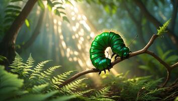 Caterpillar on Branch Sunlight Filtering Through Forest Canopy photo