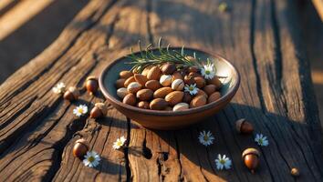 Serving Bowl Filled with Almonds, Pistachios and Rosemary on Wood photo