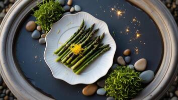 Grilled Asparagus on Plate with Lemon and Rocks Aesthetic Setting photo