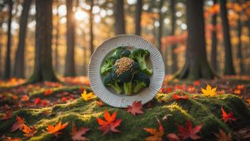 Broccoli Plate in Forest Autumn Setting Surrounded by Fallen Leaves photo