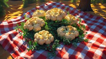 Cauliflower Heads on Gingham Blanket in Forest Setting for Picnic photo