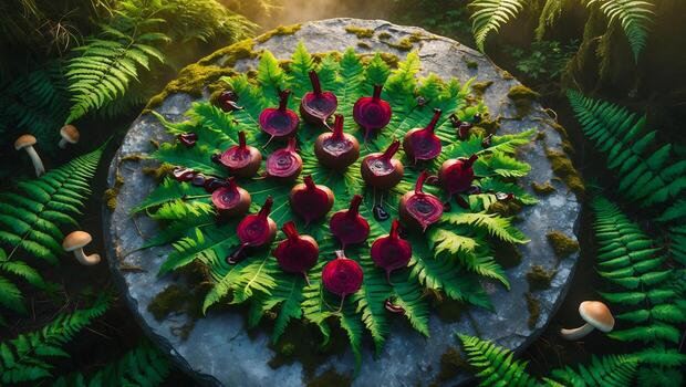 Arrangement of Beets on Stone Slab with Ferns and Mushrooms photo