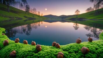 Acorns on Mossy Bank Overlooking Serene Lake at Dusk with Moon photo