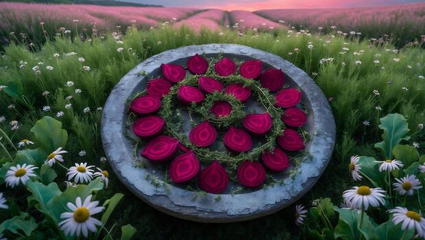 Beet Slices Arranged on Plate in Field with Daisy Flowers photo