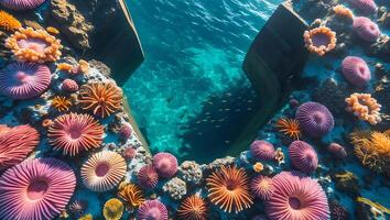 Viewing Aquatic Plants and Fish Swimming in Clear Blue Water photo