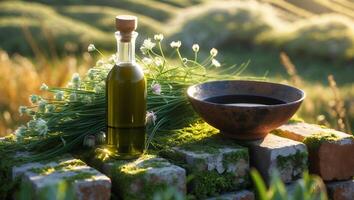 Olive Oil and Liquid in Bowl with Wildflowers Outdoor Setting photo