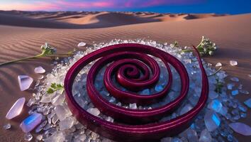 Spiral Object in Desert Landscape with Crystals and Small Plant photo