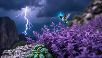 Hummingbird Flying Among Lavender Flowers During a Lightning Storm photo