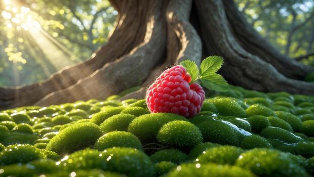 Raspberry Resting on Moss with Tree and Sunlight Shining Through photo