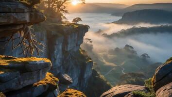Cliffside View with Morning Fog Rolling Through Green Valley Landscape photo
