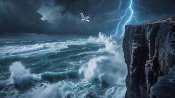 Seagull Flying Over Rough Sea Near Cliff with Lightning Strike photo
