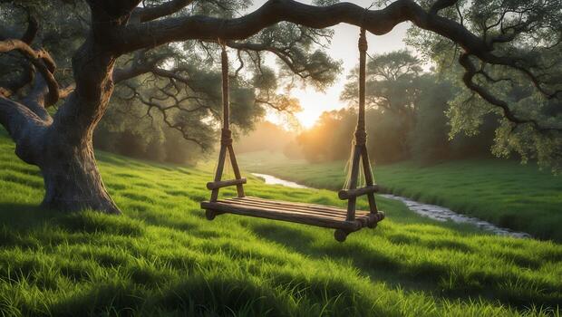 Hanging Swing Under Large Tree Branch with Stream at Sunset photo