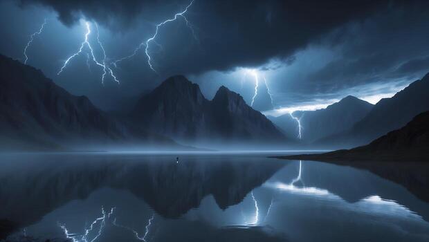 Lightning Storm Over Calm Lake with Mountain Reflection Landscape photo