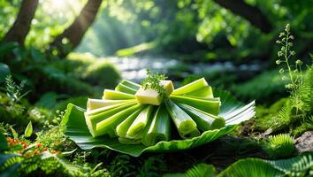 Preparing Refreshing Celery Sticks with Butter in a Lush Forest Setting photo