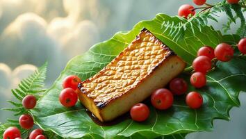 Roasted Cake Slice with Red Berries and Leafy Greens Arrangement photo