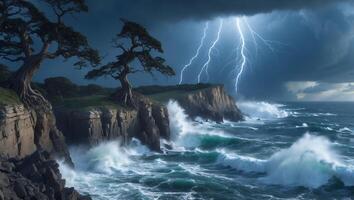 Stormy Ocean Landscape with Cliffs, Trees and Lightning Strike photo