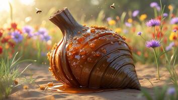 Glowing Brown Bulbous Object with Bees Flying in Flower Field photo