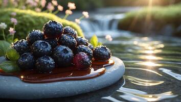Serving Blueberries on Stone by Stream with Water and Light photo