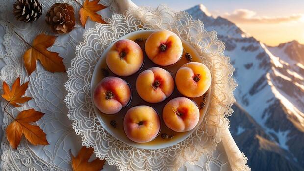 Peaches in Syrup on Plate with Fall Leaves and Mountain View photo