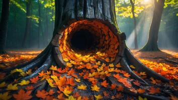 Tree Hollow Filled with Autumn Leaves in Forest Sunlight photo