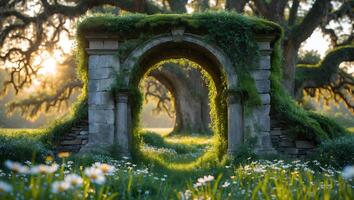 Stone Archway in Meadow with Wildflowers at Golden Hour Light photo