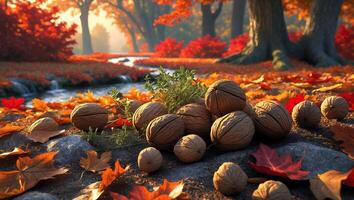 Walnuts in Autumn Landscape Near Stream with Red and Orange Leaves photo