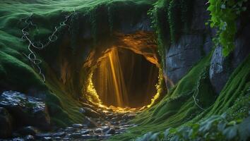 Cave Entrance Glowing with Sunlight Shining Through, Covered in Green Moss photo