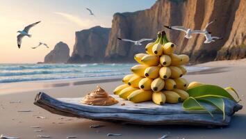 Bananas with Peanut Butter on Beach with Seagulls Flying photo