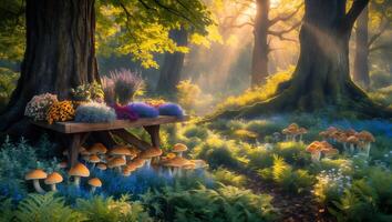 Flowers on Wooden Bench with Mushrooms in a Mystical Forest photo