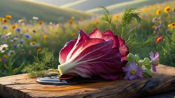 Radicchio on Wood with Dill and Flowers in Sunny Field photo
