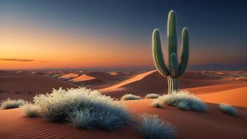 Cactus in Desert at Sunset with Sand Dunes and Hazy Grass photo