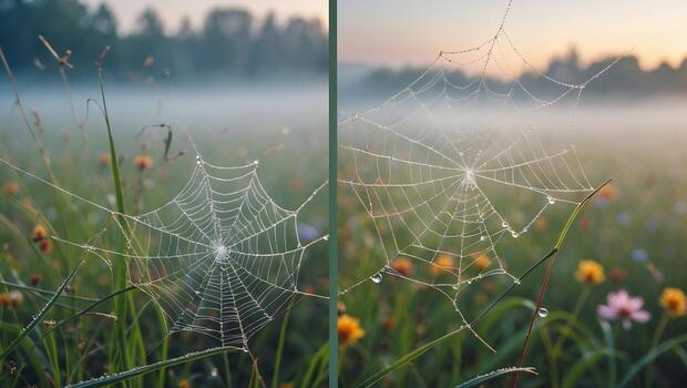 Spiderweb with Dewdrops in Field at Dawn or Early Morning photo