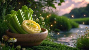 Celery and Mashed Potatoes in Nature Setting with Dreamy Sparkles photo