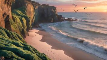 Coastal Cliffs and Sandy Beach at Sunset with Flying Birds photo