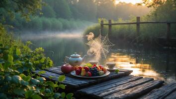 Enjoying Outdoor Tea and Fruit at Sunrise by River photo
