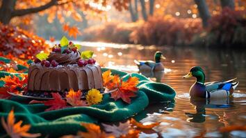 Chocolate Cake by Riverside with Autumn Leaves and Swimming Ducks photo