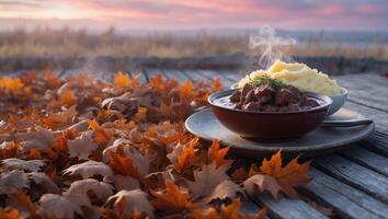 Warm Stew and Mashed Potatoes Outdoors Surrounded by Autumn Leaves photo