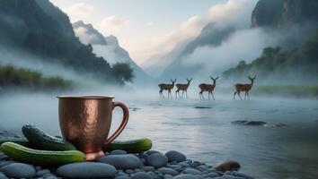 Copper Mug Cukes and Deer Crossing River in Misty Mountain Valley photo
