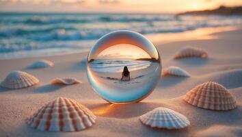 Beach Scene Reflected in Crystal Ball with Seashells at Sunset photo