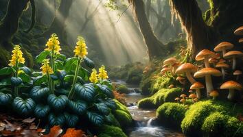 Sunlight Through Forest Illuminates Wildflowers and Mushrooms by Stream photo