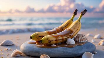 Bananas with Caramel on Stone at Beach with Seashells at Sunset photo