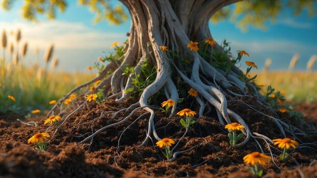 Tree Roots and Orange Flowers Growing in Soil on Sunny Field photo
