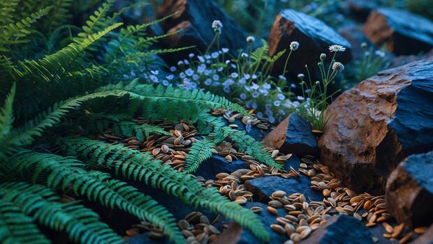 Ferns and Seeds on Rocks with Small White Wildflowers photo