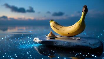 Banana and Peanut Butter Snack on Stone Plate with Ocean View photo
