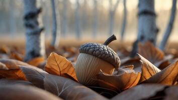 Acorn Resting Among Fallen Leaves in Autumn Forest Setting photo