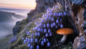 Bluebell Flowers and Mushroom on Rocky Hillside with Misty Valley photo