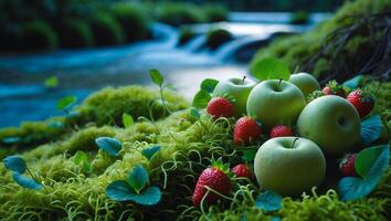 Green Apples and Strawberries on Mossy Ground Near a Stream photo
