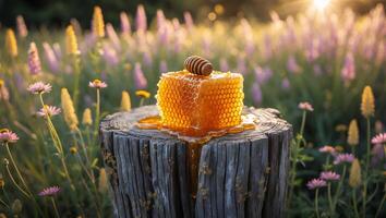 Honeycomb on Tree Stump with Honey Dipper in Summer Field photo